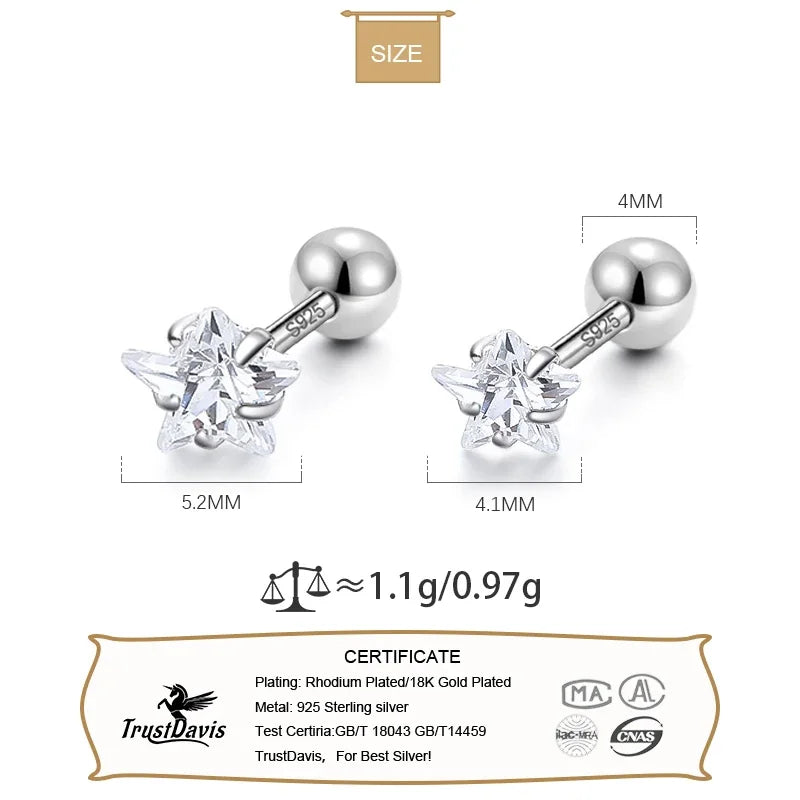 TrustDavis Real 925 Sterling Silver Fashion Sweet Star Shiny CZ Bead Screw Stud Earrings For Women Wedding Fine Jewelry DA2489