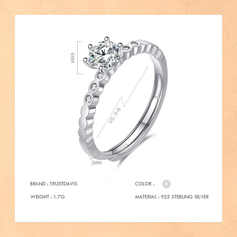 TrustDavis Real 925 Sterling Silver Shiny Zircon Adjustable Rings For Women Wedding Anniversary Gift Fine Fashion Jewelry DF047