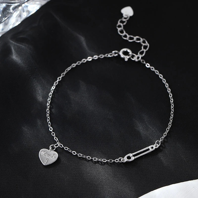 TrustDavis Girls 925 Sterling Silver Fashion Simple Heart Letter Paperclip Bracelet for Women Girl Gift Fine Jewelry DS4687