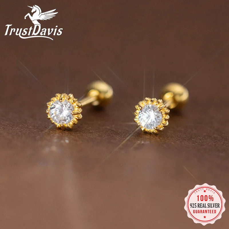 TrustDavis Genuine 925 Sterling Silver Classic White Zircon Threads Stud Earrings for Daughter Children Birthday Jewelry DS4464