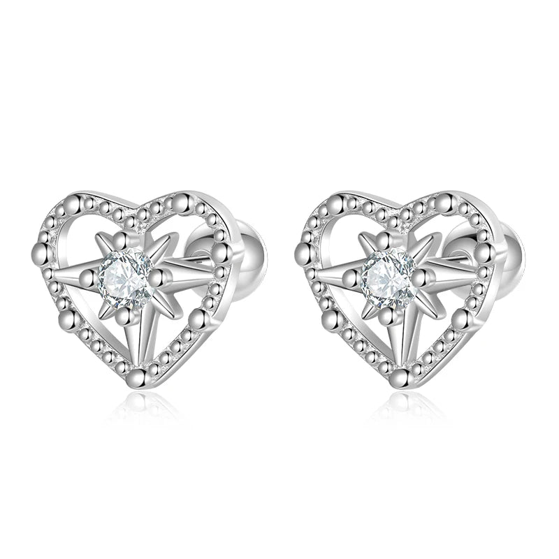 Real 925 Sterling Silver Heart Zircon Stud Earrings DS4022