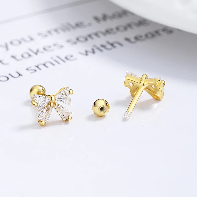 Real 925 Sterling Silver Earring Bowknot Shiny Zircon Screw Earrings DS3476