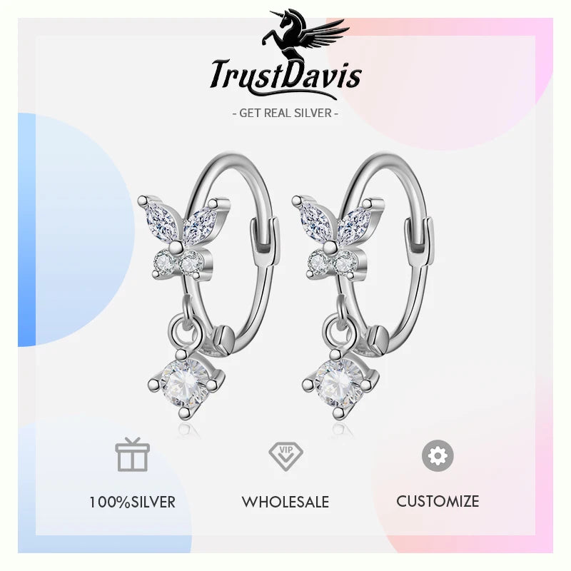 TrustDavis Real 925 Sterling Silver Sweet Charm Butterfly Zircon Hoop Earring for Women Wedding Birthday Fine Jewelry DB1427