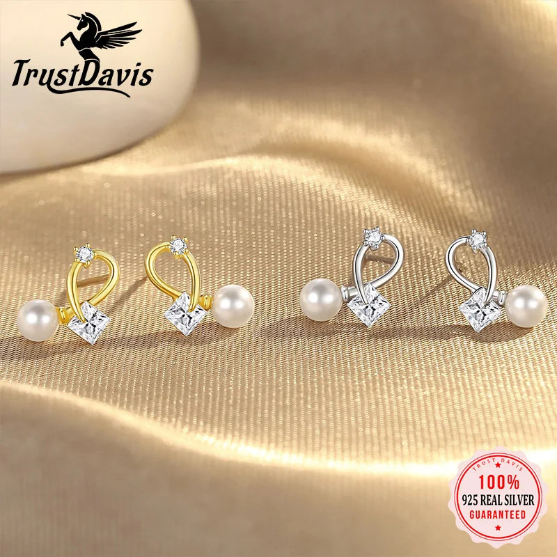 TrustDavis 925 Sterling Silver Women's Earrings Fashion Square Zirconia Pearl Cross Earrings for Women Girls Jewelry Gift DS4360