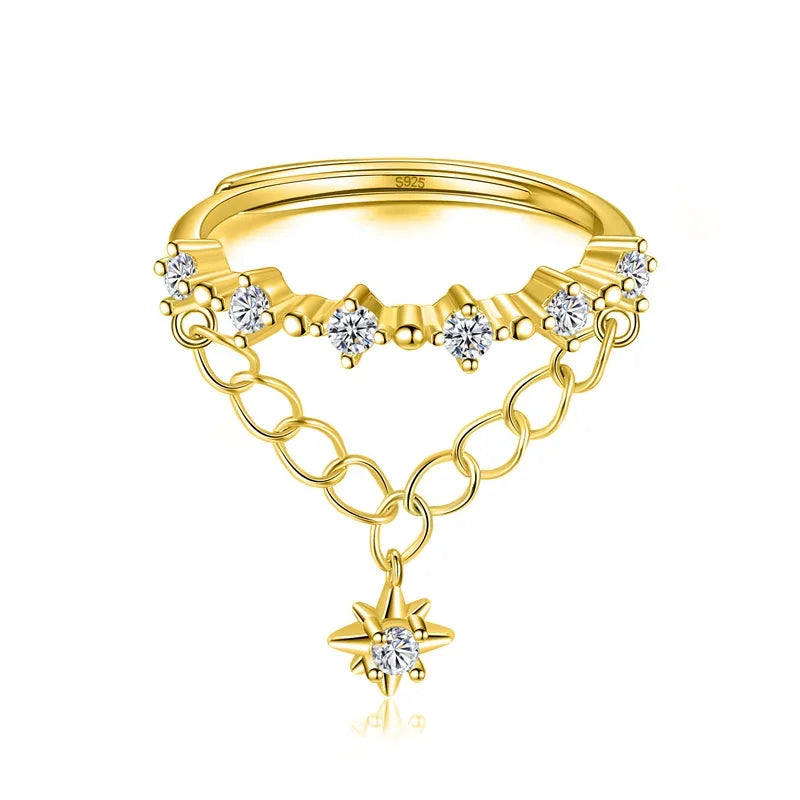 TrustDavis Real 925 Sterling Silver Sweet Double Layer Chain CZ Opening Rings For Women Wedding Party Fine S925 Jewelry DA2570