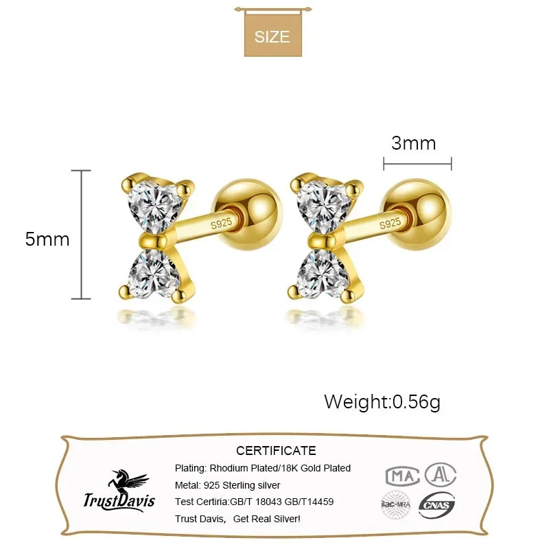 TrustDavis Real 925 Sterling Silver Earring Fashion Bowknot Shiny CZ Screw Stud Earrings For Daughter Girls Fine Jewelry DA3166
