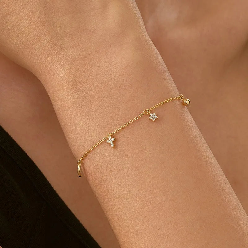Real 925 Sterling Silver Star and Moon Cross Zircon Bracelet DS4946