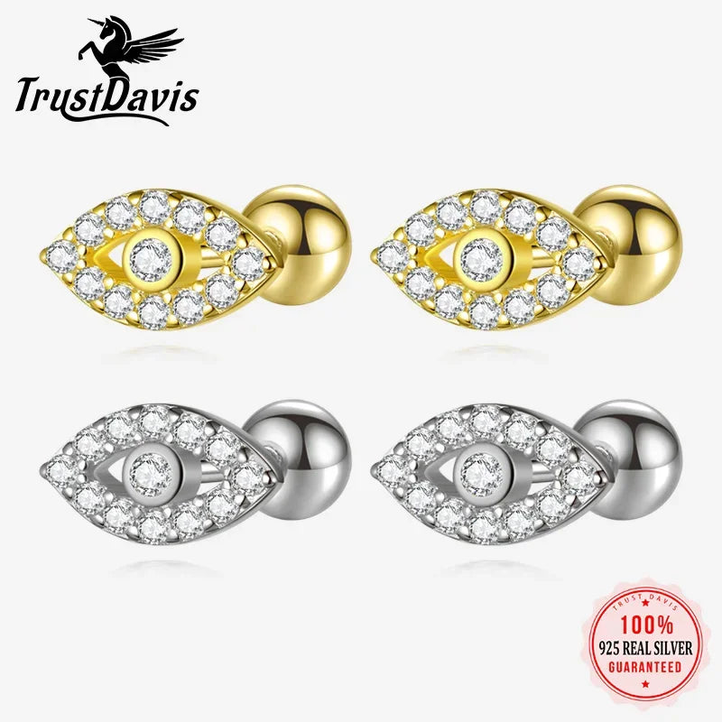 TrustDavis Girls 925 Sterling Silver Wise Eyes CZ Screw Safe Stud Earrings for Daughter Children Birthday Gift Jewelry DS4152