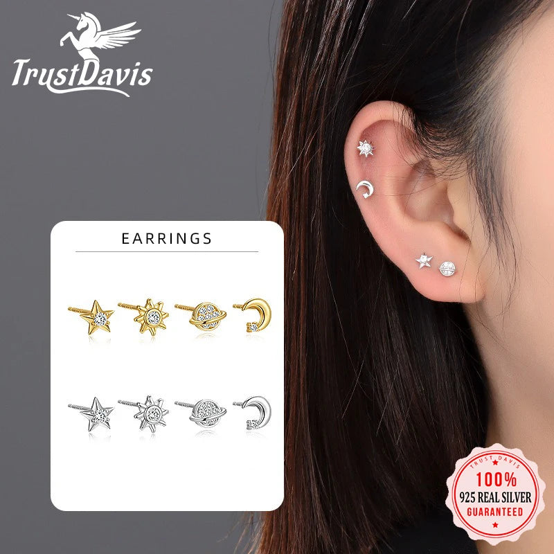 TrustDavis 925 Sterling Silver Women's Fashion Simple Starry Sky Series Stud Earring Set for Women Girls Jewelry Gift DS4273