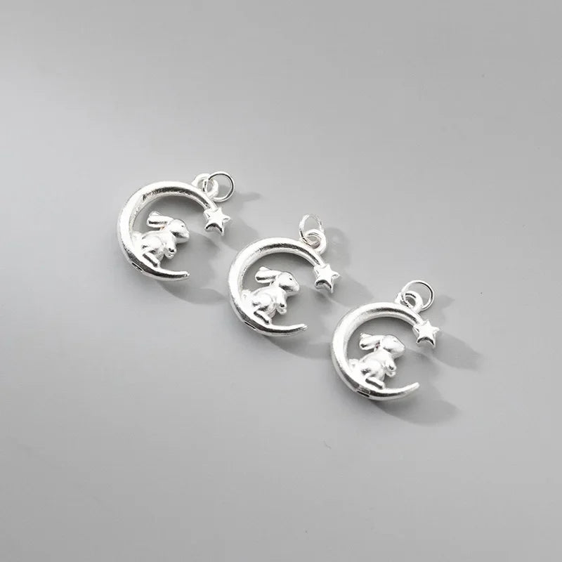 TrustDavis Real 925 Sterling Silver Sweet Rabbit Moon Charm Pendant Handmade DIY Fit Necklace Bracelet Accessories Jewelry DZ747
