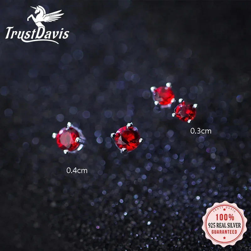 TrustDavis New 925 Sterling Silver Fashion Women's Cute Tiny 3mm 4mm Red Zircon Stud Earrings Gift For Girls Kids Lady DS238