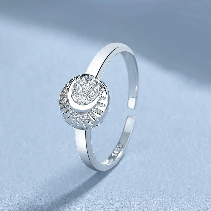 TrustDavis Real 925 Sterling Silver Sweet Sun Moon Shiny CZ Opening Ring For Women Teen Daugther Girls Xmas Gift Jewelry DS4594