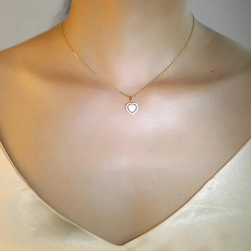 Heart with Opal Pendant Clavicle Chain Necklace L158