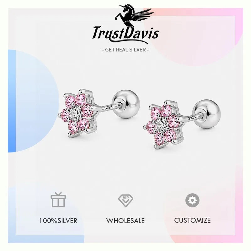 Pink Flower Zircon Earrings for Women Daily Wear Jewelry Gift DS4963