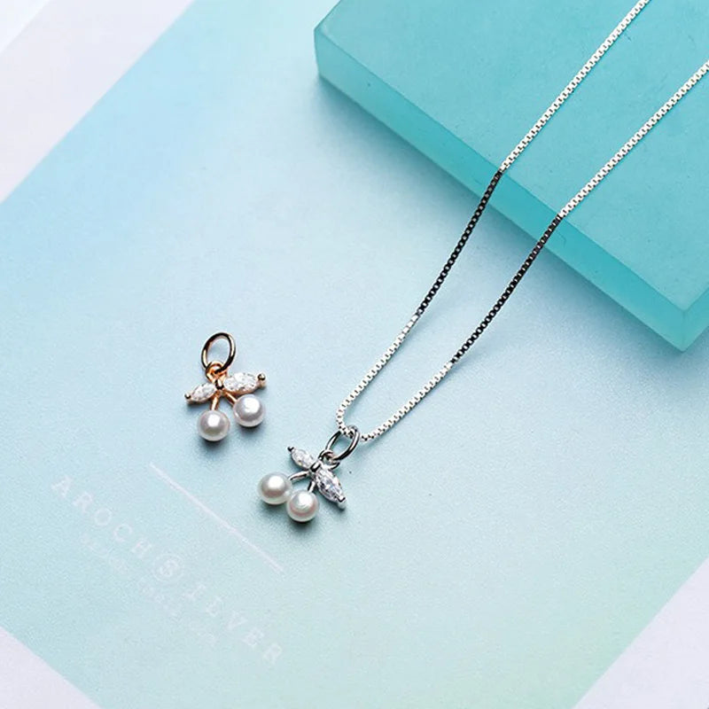 TrustDavis Real 925 Sterling Silver Fashion Bow Pearl Cherry Charm Pendant Handmade DIY Accessories Wholesale Jewelry DZ1701