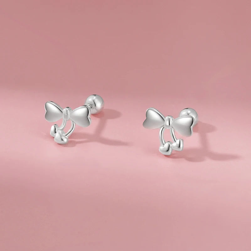 999 Sterling Silver Cute Heart Bowknot Screw Stud Earrings DS4626