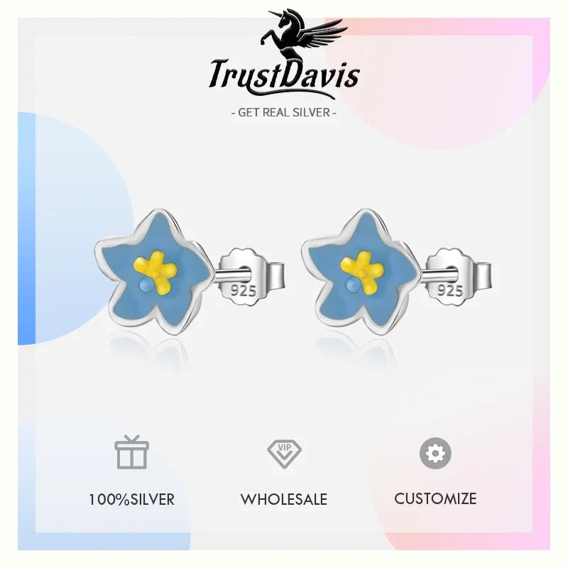 TrustDavis Real 925 Sterling Silver Small Fresh Flowers Screw Stud Earrings for Women Young Daughter Birthday Party Gift DS4072