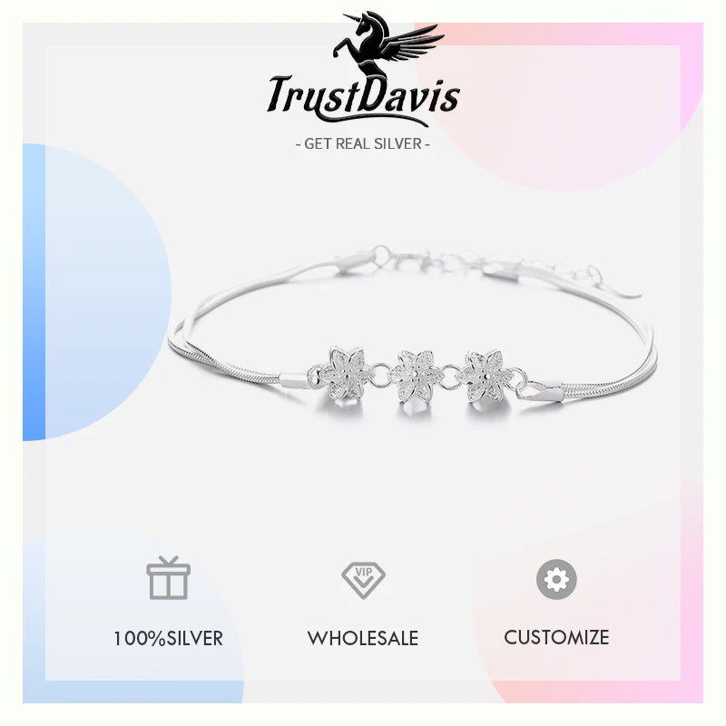TrustDavis 925 Sterling Silver Women's Fashion Simple Camellia Snake Bone Bracelet for Women Girls Jewelry Gift DS4425