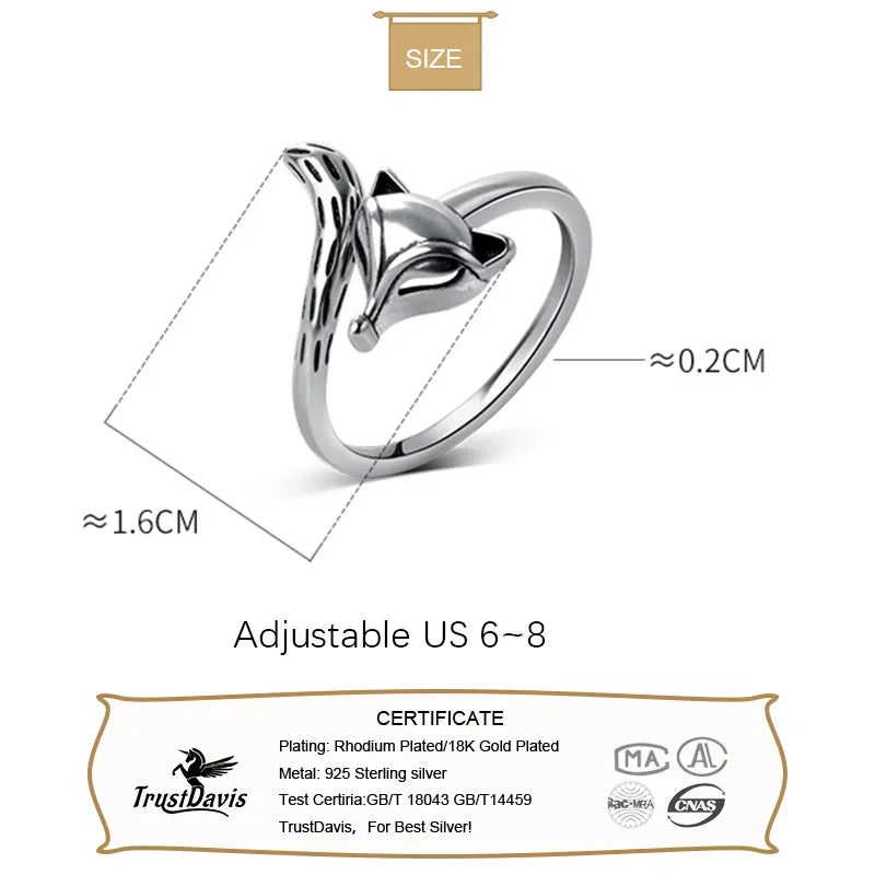 Trustdavis Real 925 Sterling Silver Sweet INS Animal Fox Opening Rings For Women Office Lady Daily Fine 925 Jewelry Gift DG0204