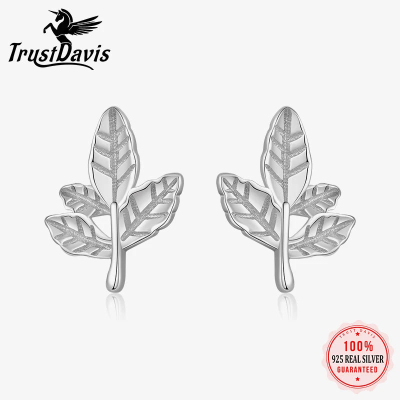 TrustDavis Girls 925 Sterling Silver Sweet Leaf Plant Stud Earrings for Mom Daughter Children Birthday Jewelry DS4478