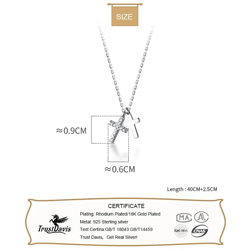 Trustdavis Real 925 Sterling Silver Fashion Double Cross CZ Pendant Short Clavicle Necklace For Women Wedding Fine Jewelry DA246