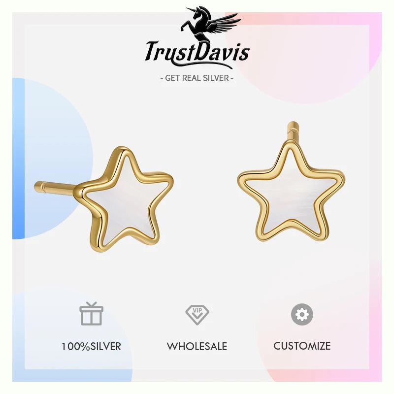 TrustDavis 925 Sterling Silver Women's Fashion Simple White Mother-of-pearl Star Earrings for Women Girls Jewelry Gift DS4664