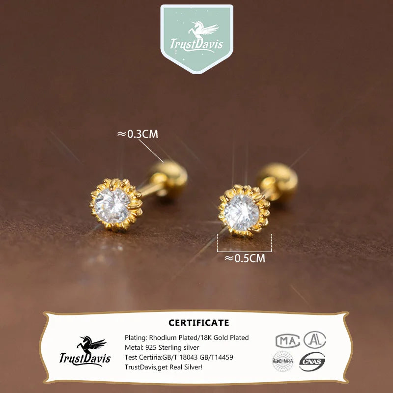 TrustDavis Genuine 925 Sterling Silver Classic White Zircon Threads Stud Earrings for Daughter Children Birthday Jewelry DS4464