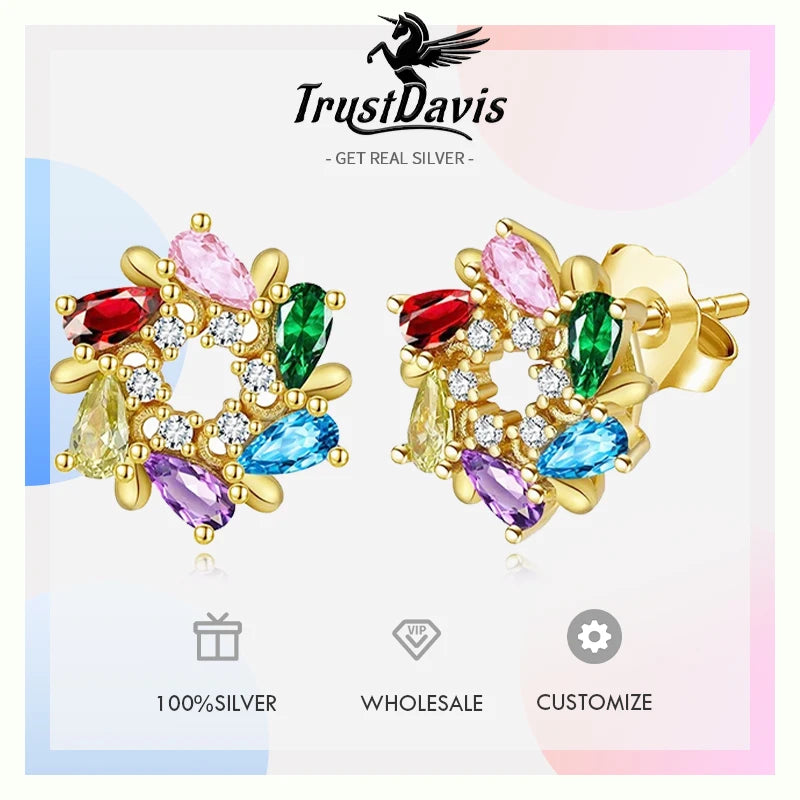 Trustdavis Real 925 Sterling Silver Sweet Waterdrop Colored Diamond Stud Earrings Women Girls Birthday Party Gift Jewelry DS4132