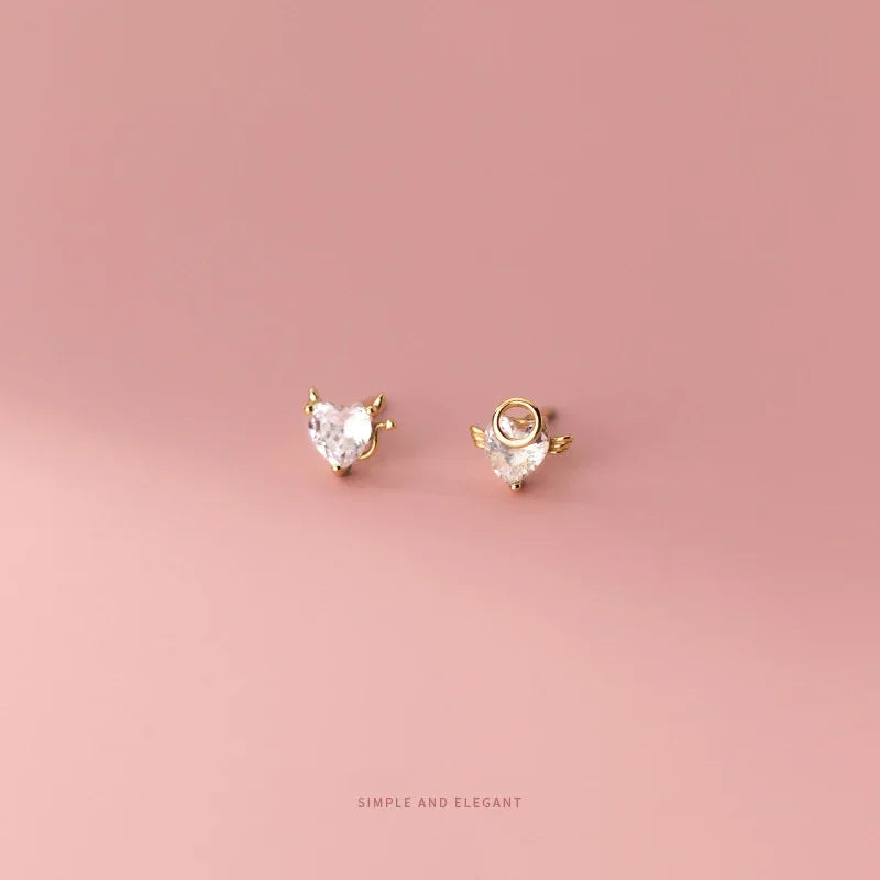 TrustDavis Real 925 Sterling Silver Stud Earrings for Women Asymmetrical Heart Shiny CZ Wedding Valentine's Day Jewelry DA2859