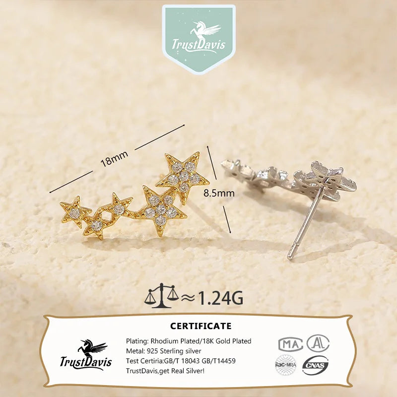 TrustDavis 925 Sterling Silver Women's Fashion Simple Star Zircon Earrings for Women Girls Birthdays Jewelry Gift DS4698