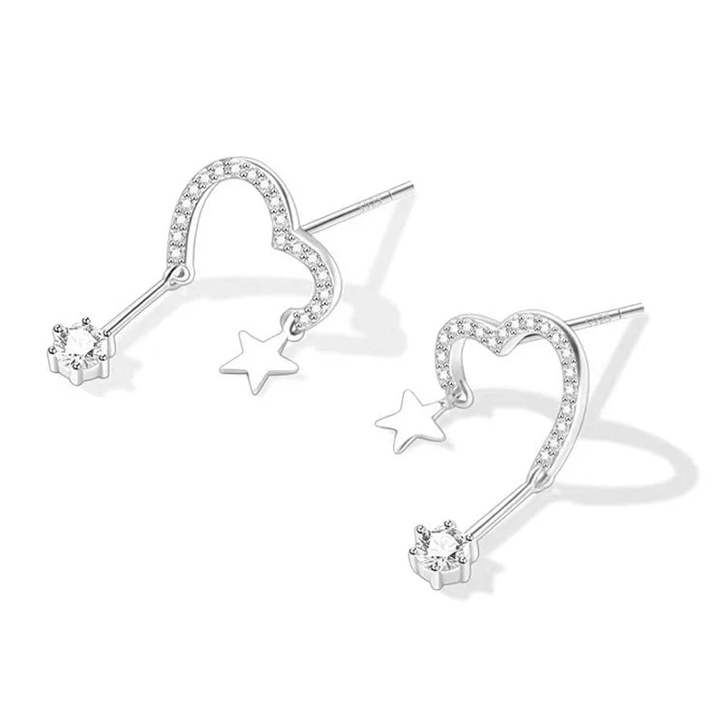 TrustDavis 925 Sterling Silver Women's Fashion Sweet Heart Star Zircon Earrings for Women Girls Jewelry Gift DS4410