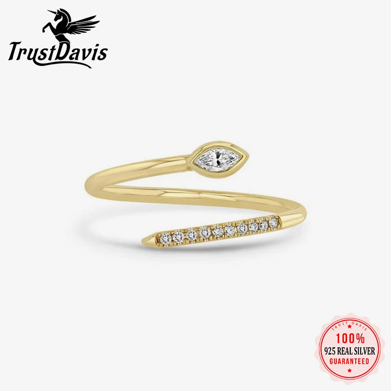 TrustDavis Real 925 Sterling Silver Women's Ring Fashion Simple Snake-shaped Zircon Open Ring for Women Girl Jewelry Gift DS4654