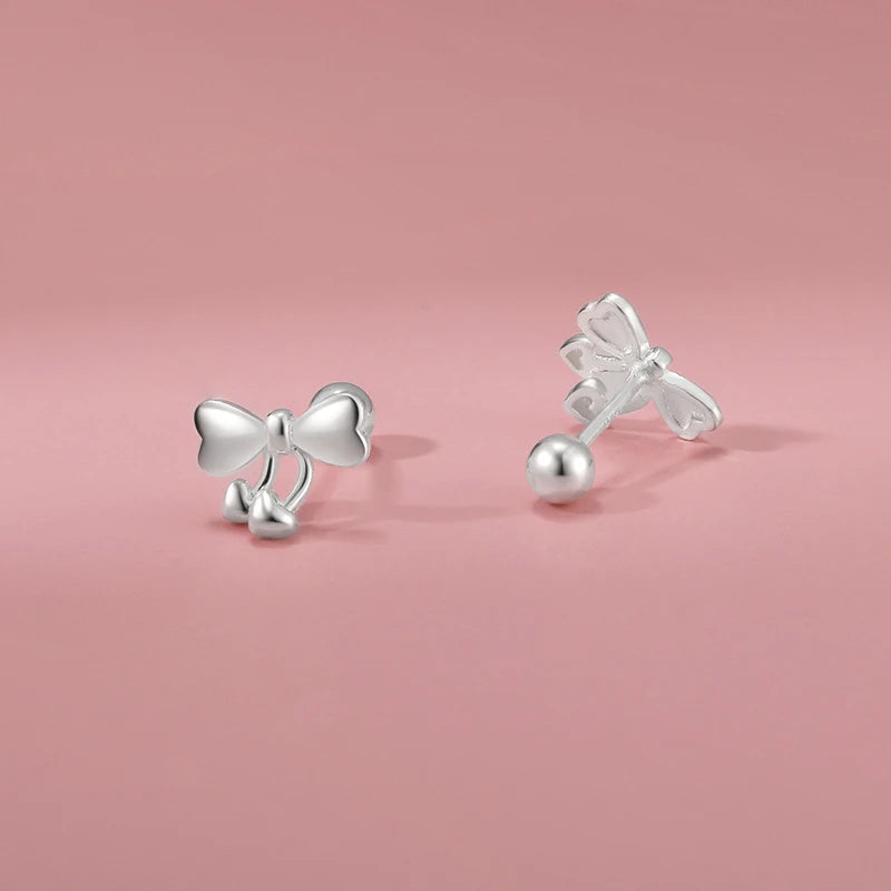 999 Sterling Silver Cute Heart Bowknot Screw Stud Earrings DS4626