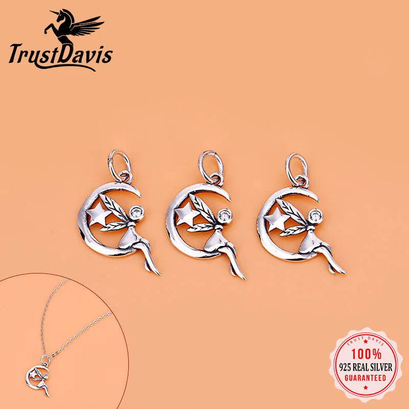 TrustDavis Real 925 Sterling Silver Retro Star Moon Fairy Charm Pendant Handmade DIY Accessories Fine Jewelry Wholesale DZ1735