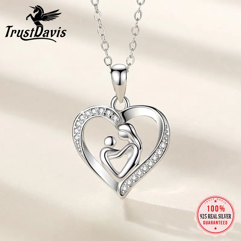TrustDavis 925 Sterling Silver Heart-Shaped Mother and Child Hug Pendant Necklace for Mother's Day Birthday Gift Jewelry DS4191