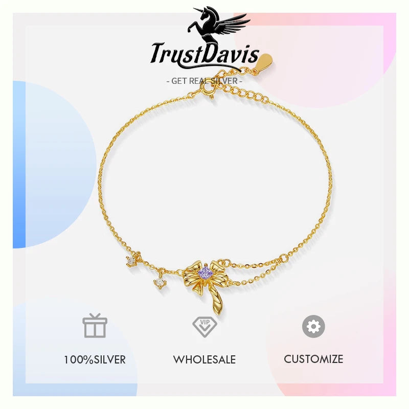 TrustDavis 925 Sterling Silver Women's Fashion Simple Smart Bowknot Zircon Bracelet for Women Girls Jewelry Gift DS4441