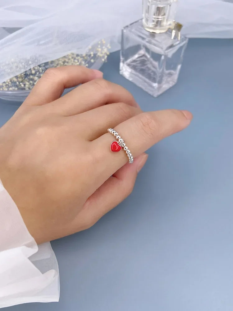 TrustDavis Minimalist Real 925 Sterling Silver Sweet Beads Red Heart Elastic Rings For Women Wedding Party S925 Jewelry DA1376