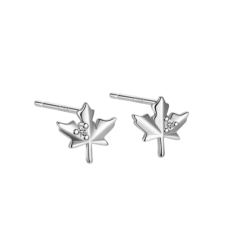 TrustDavis 925 Sterling Silver Women's Fashion Simple Zirconia Maple Leaf Stud Earrings for Women Girls Jewelry Gift DS4281