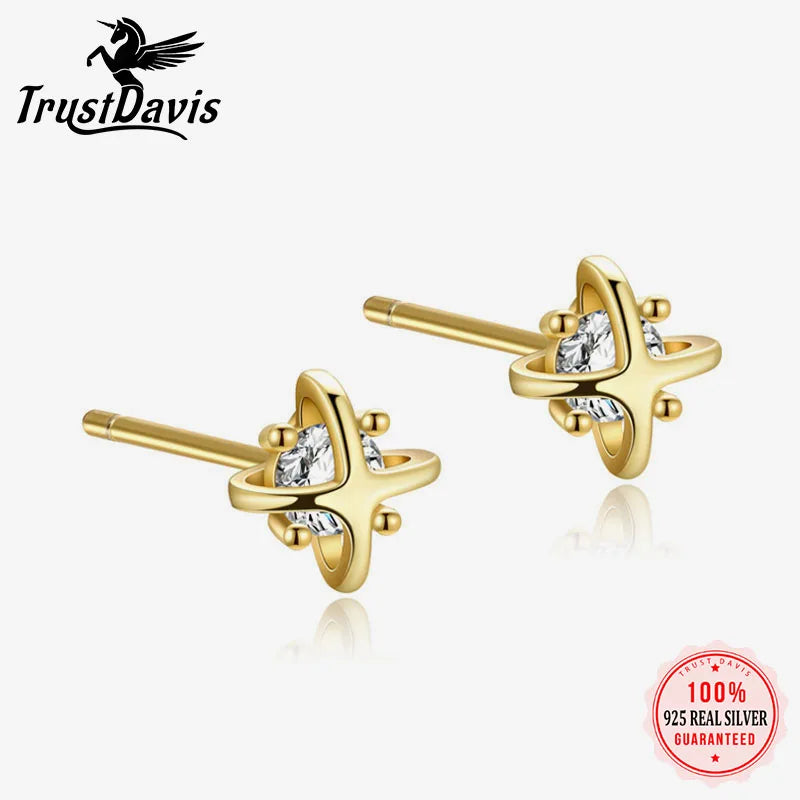 Real 925 Sterling Silver Planet Zircon Stud Earrings DS4956