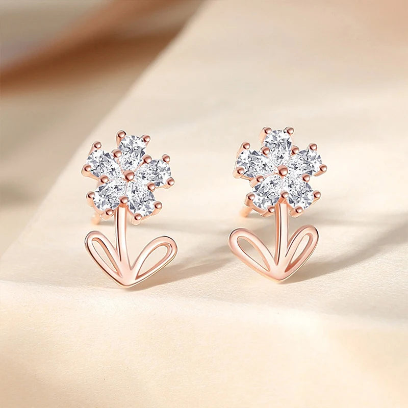 TrustDavis 925 Sterling Silver Women's Fashion Sweet Flower Zirconia Stud Earrings for Women Girls Jewelry Gift DS4294
