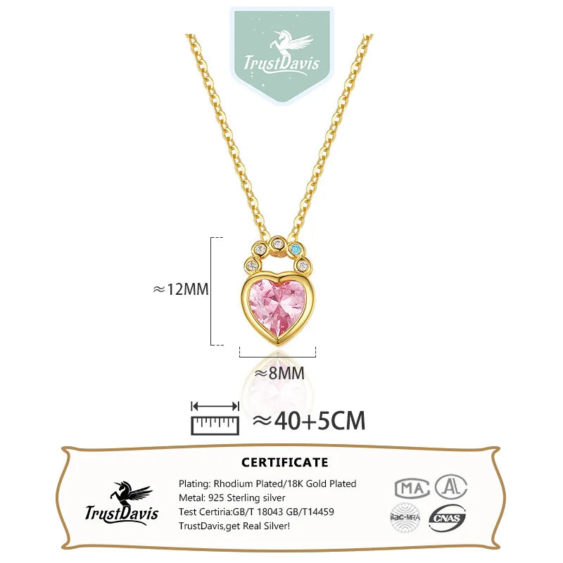 TrustDavis Real 925 Sterling Silver Fashion Simple Heart-shaped Zircon Lock Necklace for Women Girls Gift Fine Jewelry DS4736
