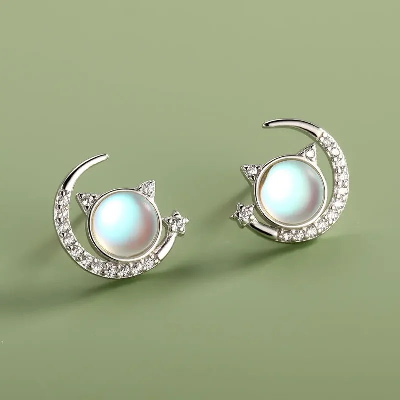 Moon Cat Moonstone Dazzling CZ Stud Earring DA2917