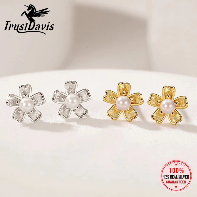 TrustDavis Real 925 Sterling Silver Fashion Simple Sakura Synthetic Pearl Earrings for Women Girls Gift Fine Jewelry DS4679