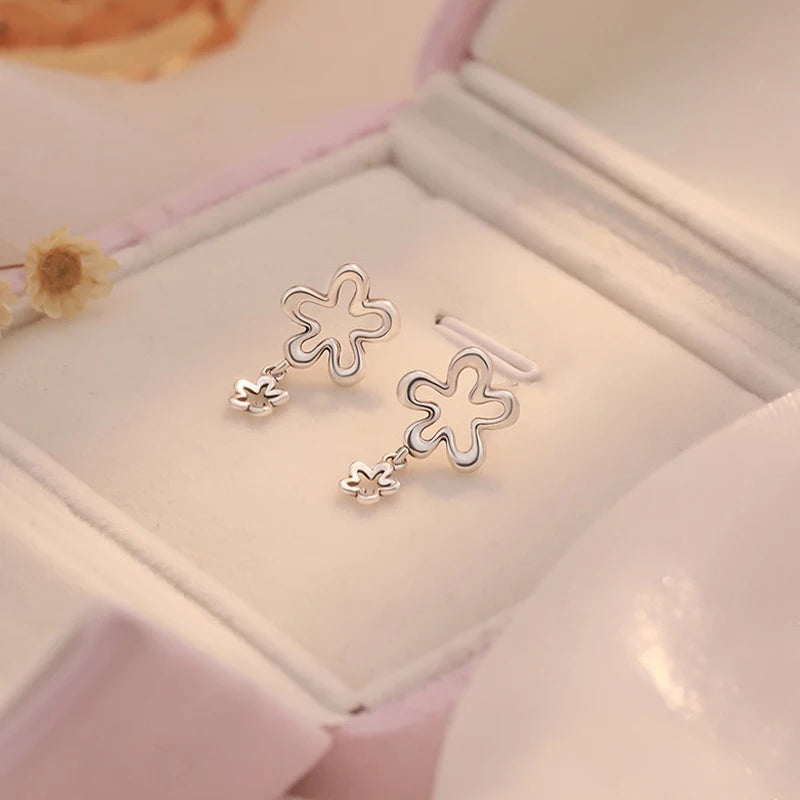 TrustDavis 925 Sterling Silver Women's Flower Earring Fashion Sweet Two Flower Stud Earrings for Women Girls Jewelry Gift DS4289