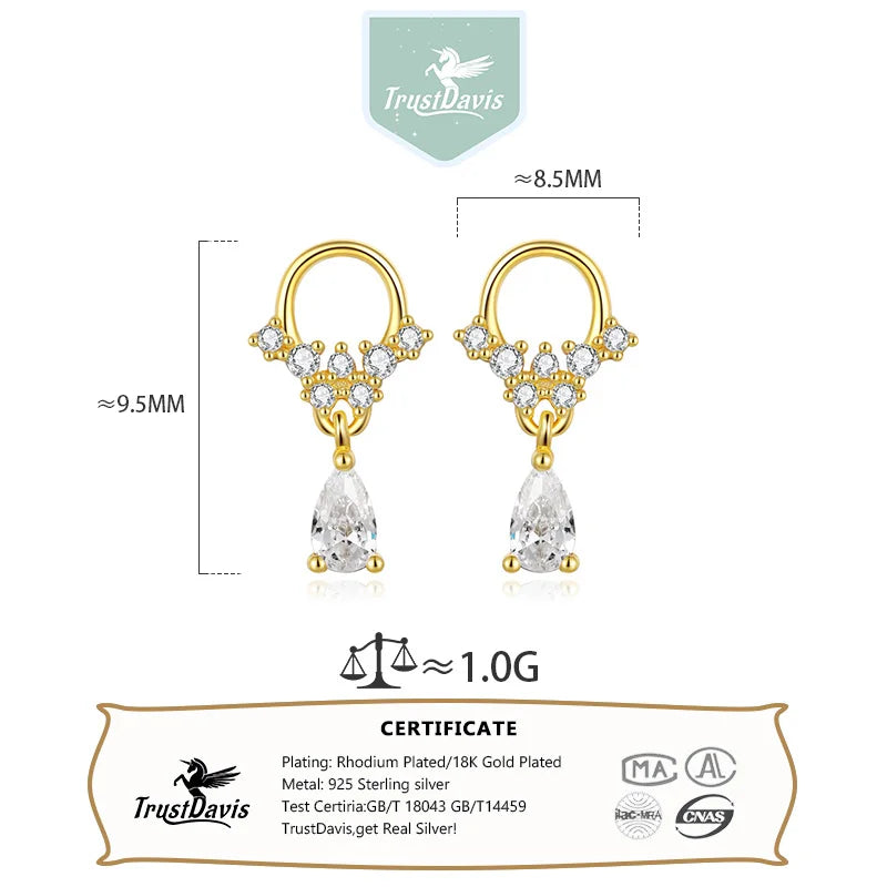 TrustDavis Original Sterling Silver Fashion Luxury Water Drop Stud Earrings for Women Daughter Girls Fine S925 Jewelry DS4399