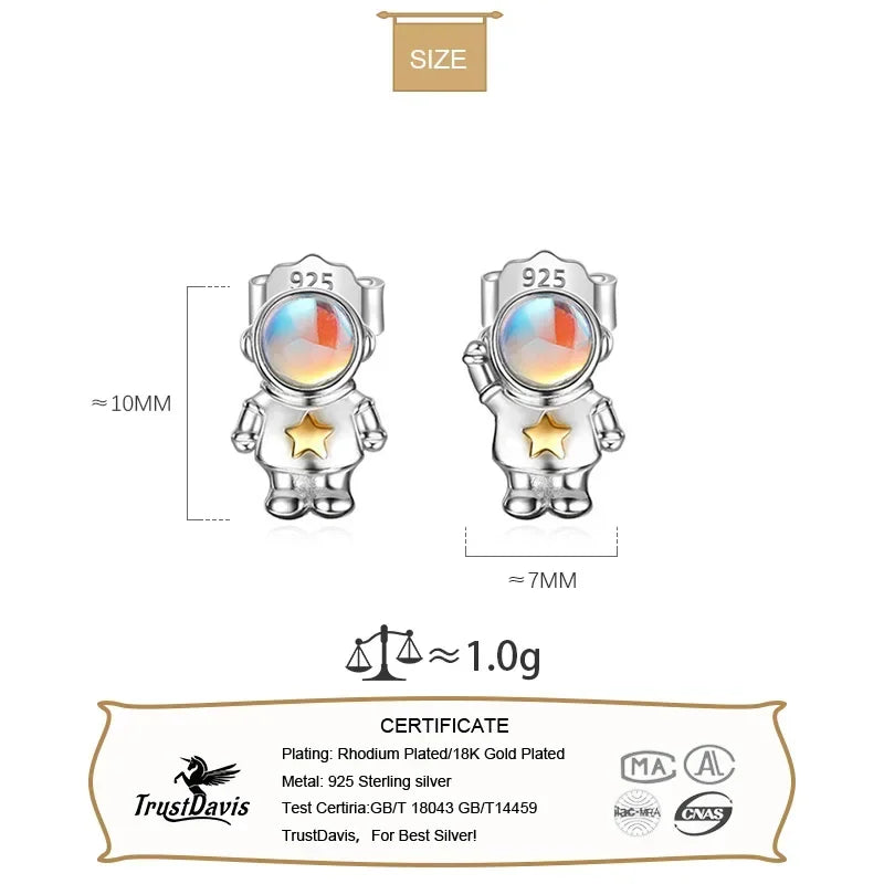 TrustDavis Real 925 Sterling Silver Sweet Astronaut Star Moonstone Earrings For Daughter children Birthday Gift Jewelry DA2568