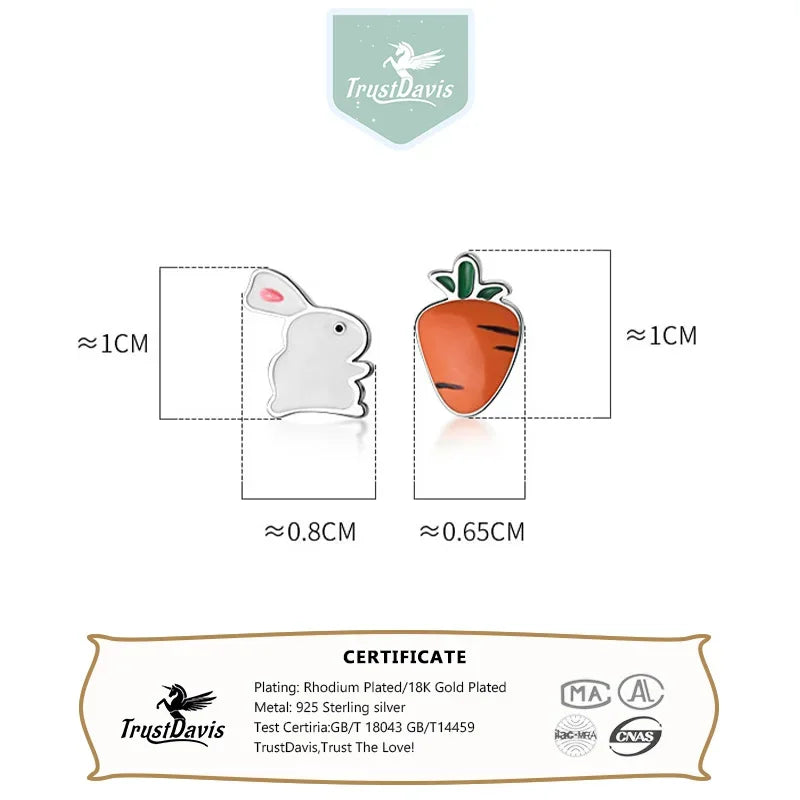 TrustDavis Real 925 Sterling Silver Fashion Cute Small Glaze Rabbit Turnip Stud Earrings Gift For School Girls Teen Lady DS155