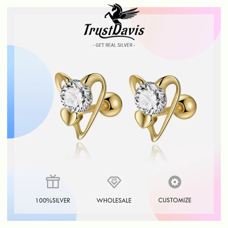 TrustDavis Girls Real 925 Sterling Silver Romantic Heart Screw Stud Earrings Women Daughter Birthday Party Gift Jewelry DS4311