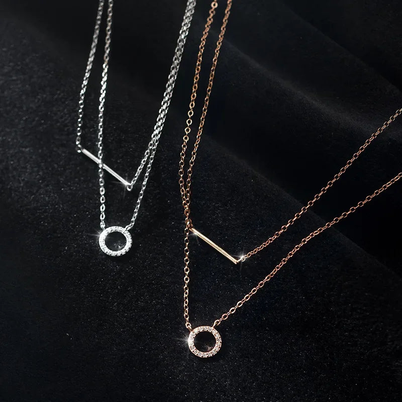 TrustDavis 925 Sterling Silver Elegant Double Layer Round Stick CZ Pendant Necklace Fine Jewelry For Women Wedding Party DB1262