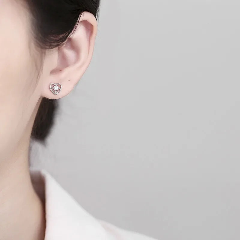 Real 925 Sterling Silver Heart Zircon Stud Earrings DS4022
